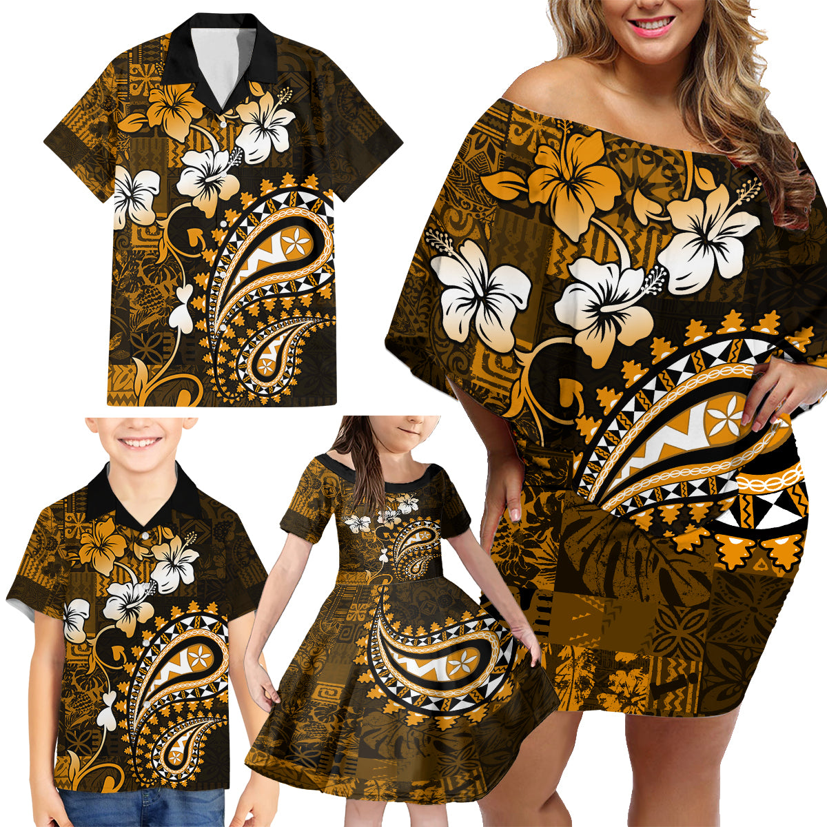 Fiji Masi Paisley With Hibiscus Tapa Family Matching Off Shoulder Short Dress and Hawaiian Shirt Gold Version LT01 - Polynesian Pride