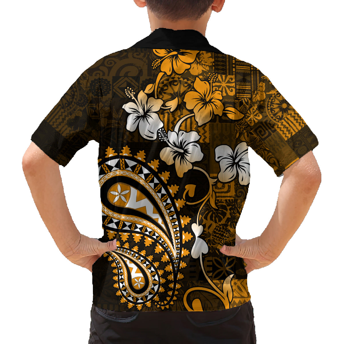 Fiji Masi Paisley With Hibiscus Tapa Family Matching Tank Maxi Dress and Hawaiian Shirt Gold Version LT01 - Polynesian Pride