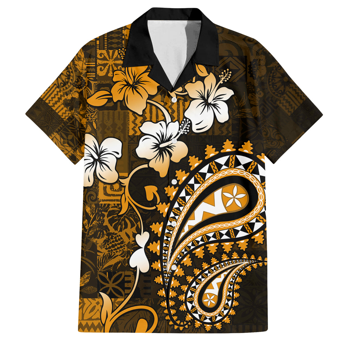 Fiji Masi Paisley With Hibiscus Tapa Family Matching Tank Maxi Dress and Hawaiian Shirt Gold Version LT01 Dad's Shirt - Short Sleeve Gold - Polynesian Pride