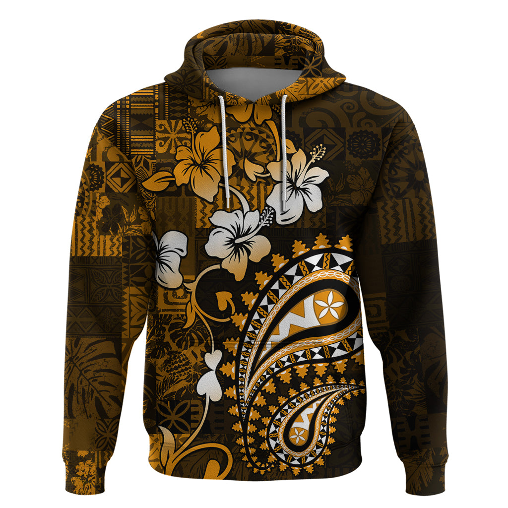 Fiji Masi Paisley With Hibiscus Tapa Hoodie Gold Version LT01 Pullover Hoodie Gold - Polynesian Pride