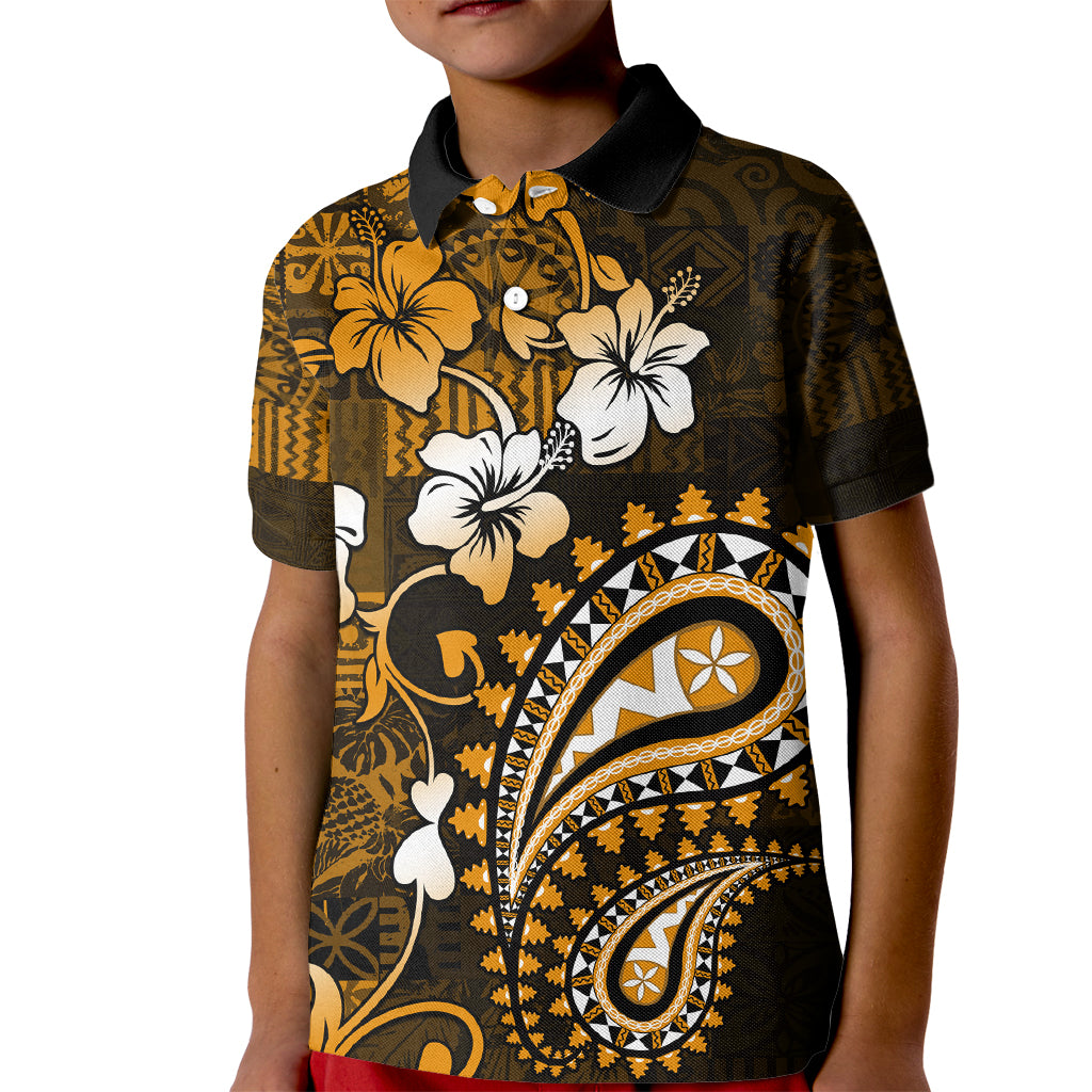 Fiji Masi Paisley With Hibiscus Tapa Kid Polo Shirt Gold Version LT01 Kid Gold - Polynesian Pride