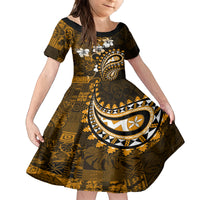 Fiji Masi Paisley With Hibiscus Tapa Kid Short Sleeve Dress Gold Version LT01 KID Gold - Polynesian Pride