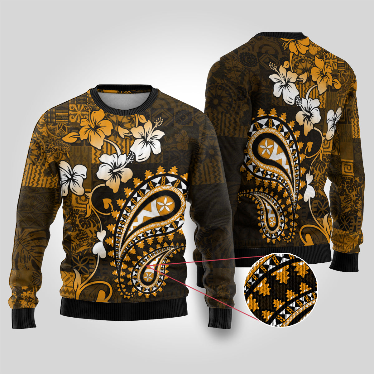 Fiji Masi Paisley With Hibiscus Tapa Ugly Christmas Sweater Gold Version LT01 Gold - Polynesian Pride