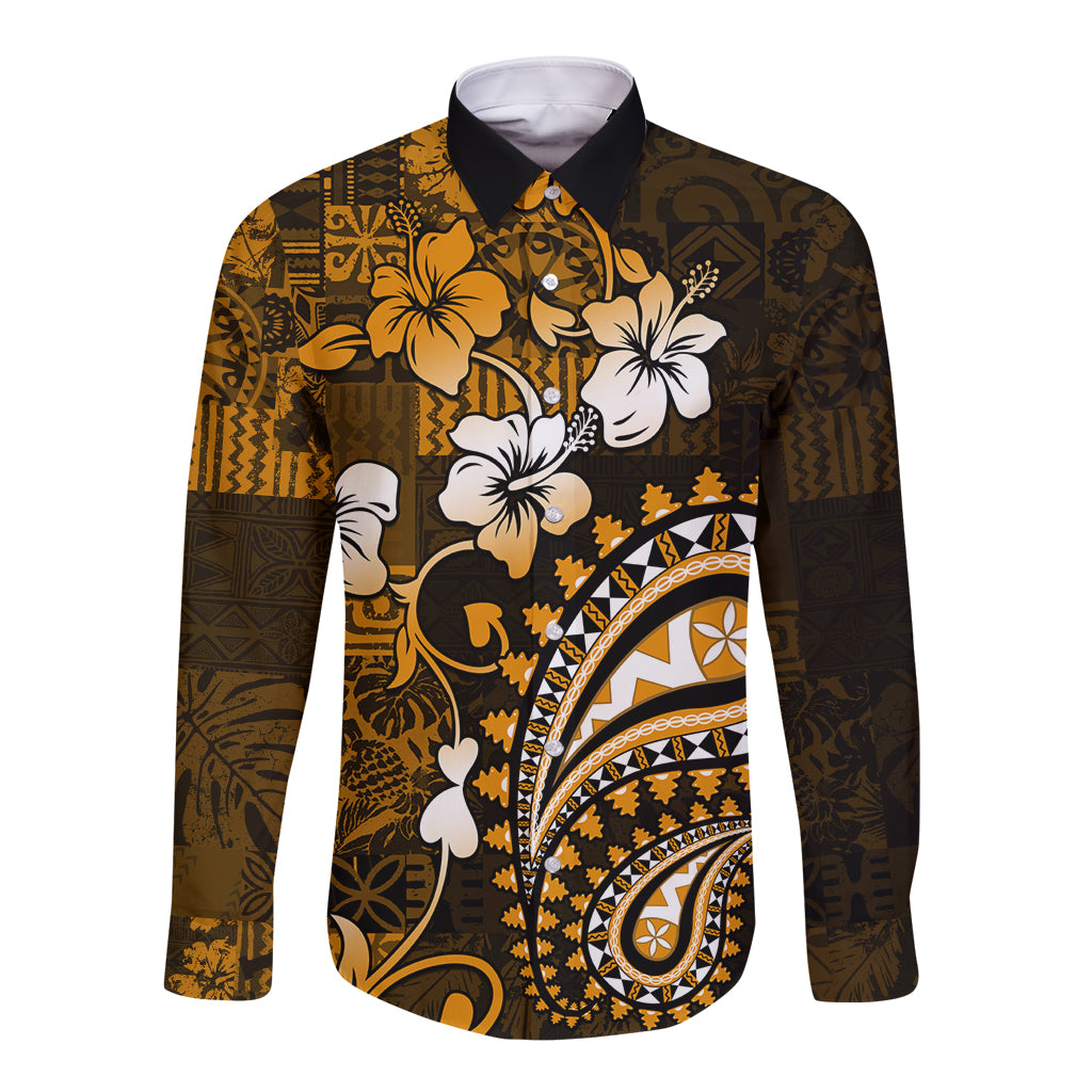 Fiji Masi Paisley With Hibiscus Tapa Long Sleeve Button Shirt Gold Version LT01 Unisex Gold - Polynesian Pride