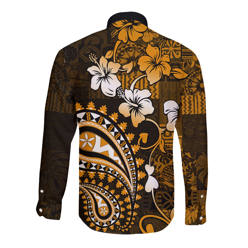 Fiji Masi Paisley With Hibiscus Tapa Long Sleeve Button Shirt Gold Version LT01 - Polynesian Pride
