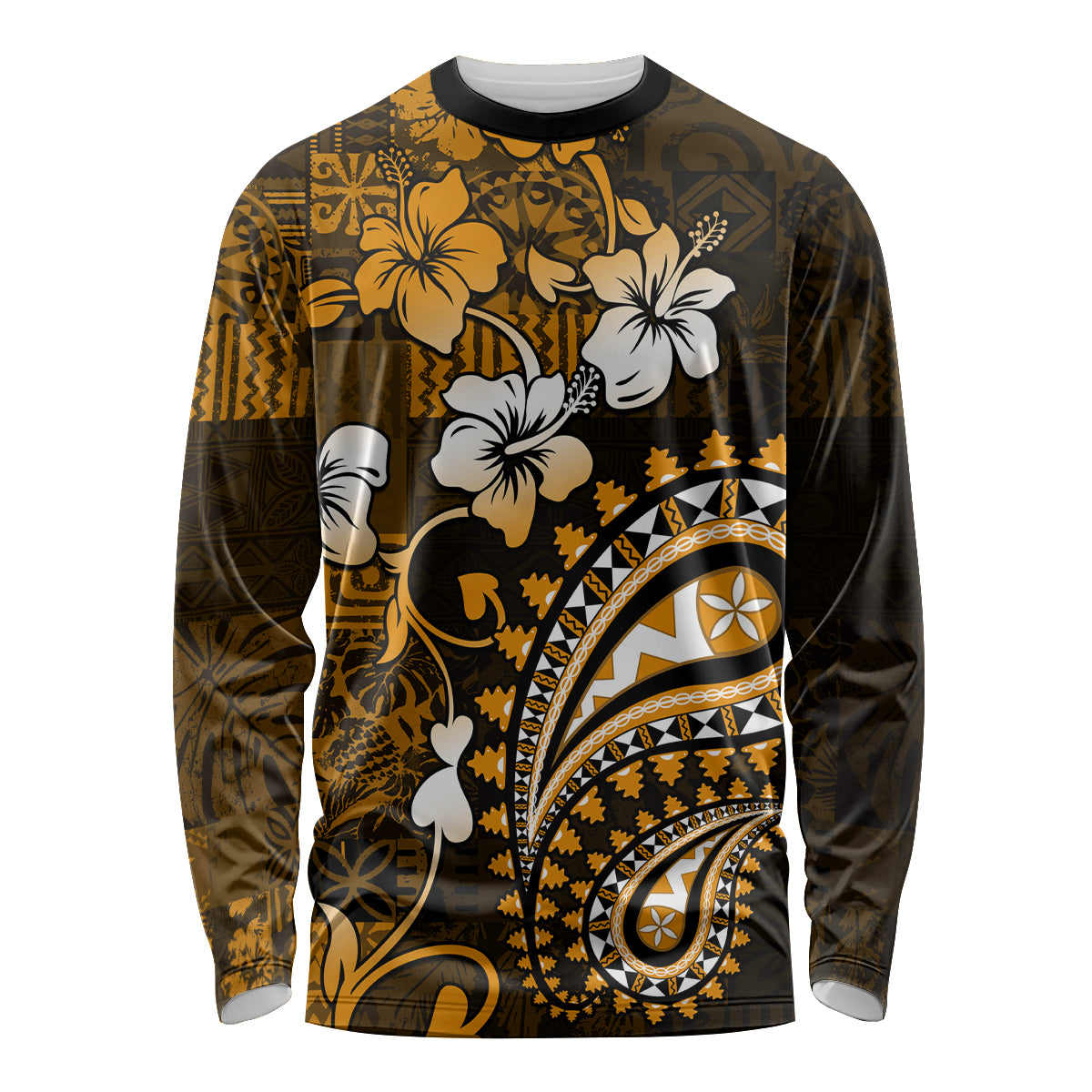 Fiji Masi Paisley With Hibiscus Tapa Long Sleeve Shirt Gold Version LT01 Unisex Gold - Polynesian Pride