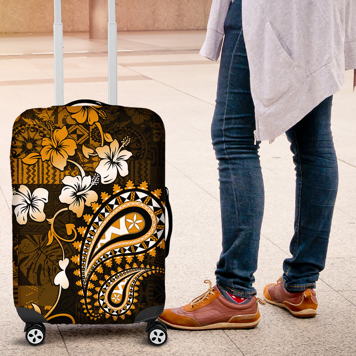 Fiji Masi Paisley With Hibiscus Tapa Luggage Cover Gold Version LT01 Gold - Polynesian Pride