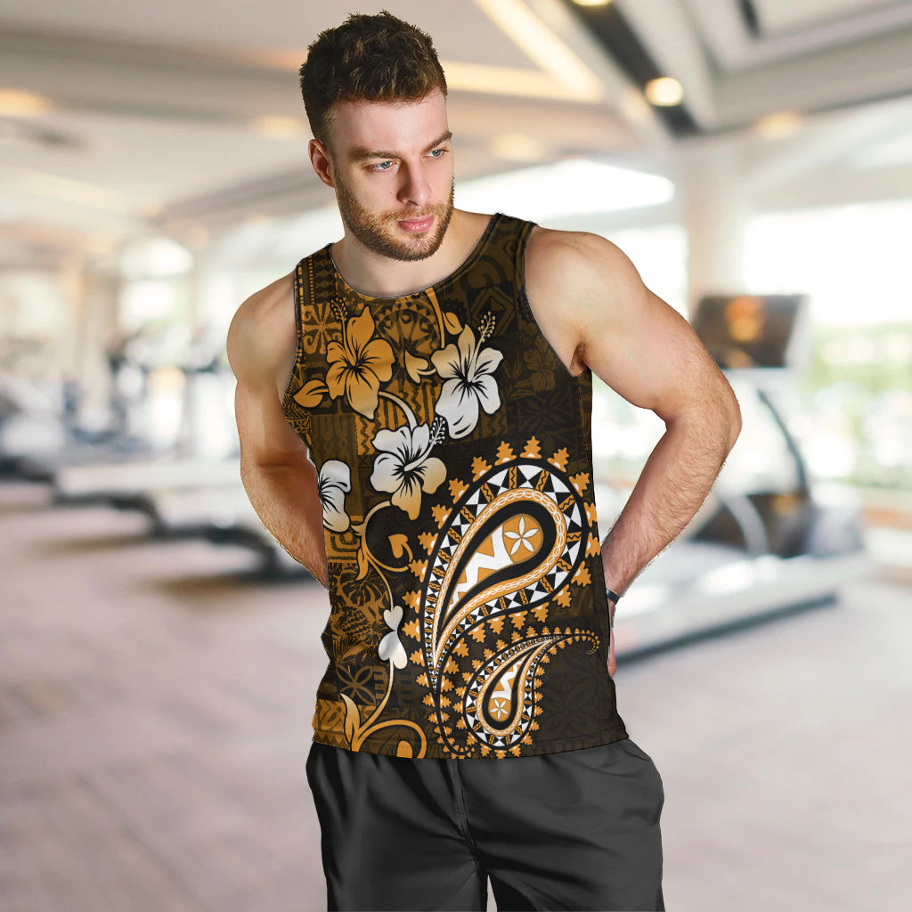 Fiji Masi Paisley With Hibiscus Tapa Men Tank Top Gold Version LT01 Gold - Polynesian Pride