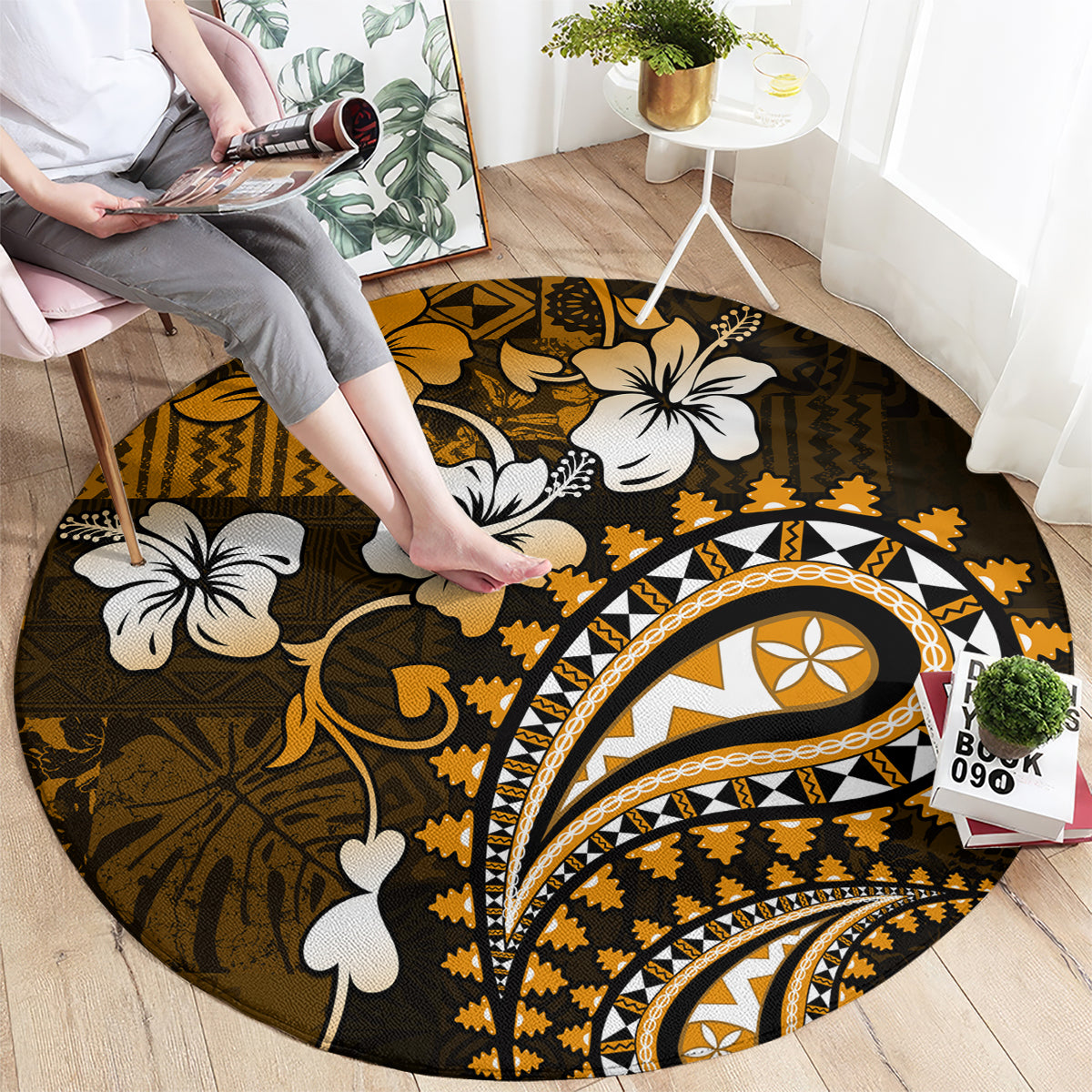 Fiji Masi Paisley With Hibiscus Tapa Round Carpet Gold Version LT01 - Polynesian Pride