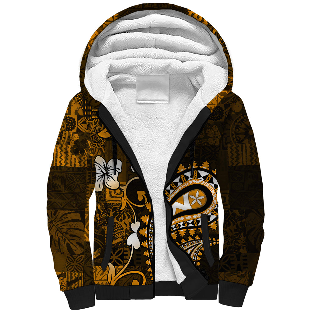 Fiji Masi Paisley With Hibiscus Tapa Sherpa Hoodie Gold Version LT01 Unisex Gold - Polynesian Pride