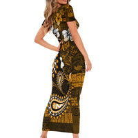 Fiji Masi Paisley With Hibiscus Tapa Short Sleeve Bodycon Dress Gold Version LT01 - Polynesian Pride