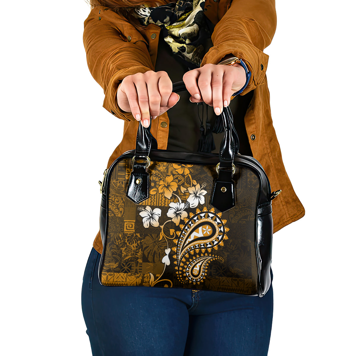 Fiji Masi Paisley With Hibiscus Tapa Shoulder Handbag Gold Version LT01 One Size Gold - Polynesian Pride