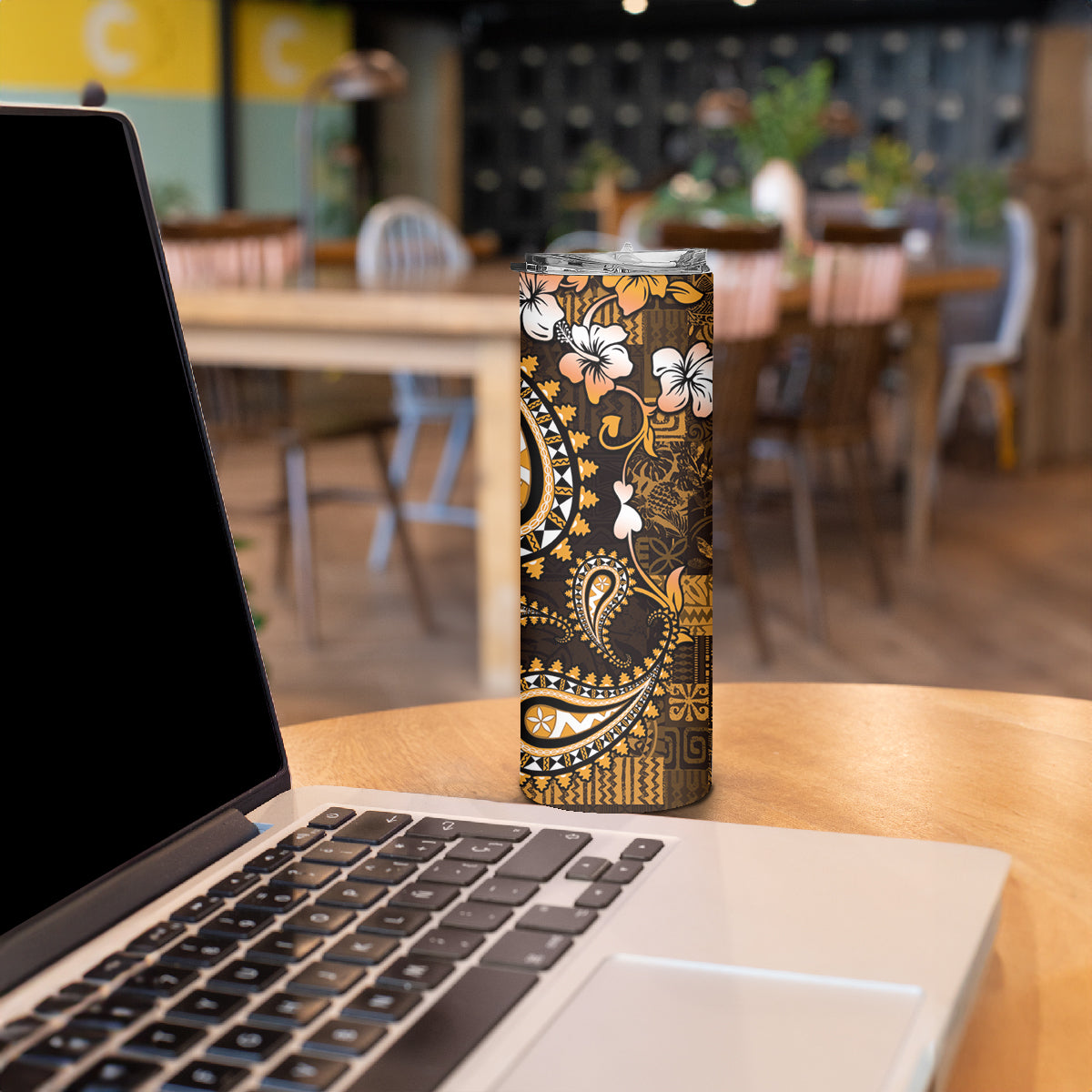 Fiji Masi Paisley With Hibiscus Tapa Skinny Tumbler Gold Version