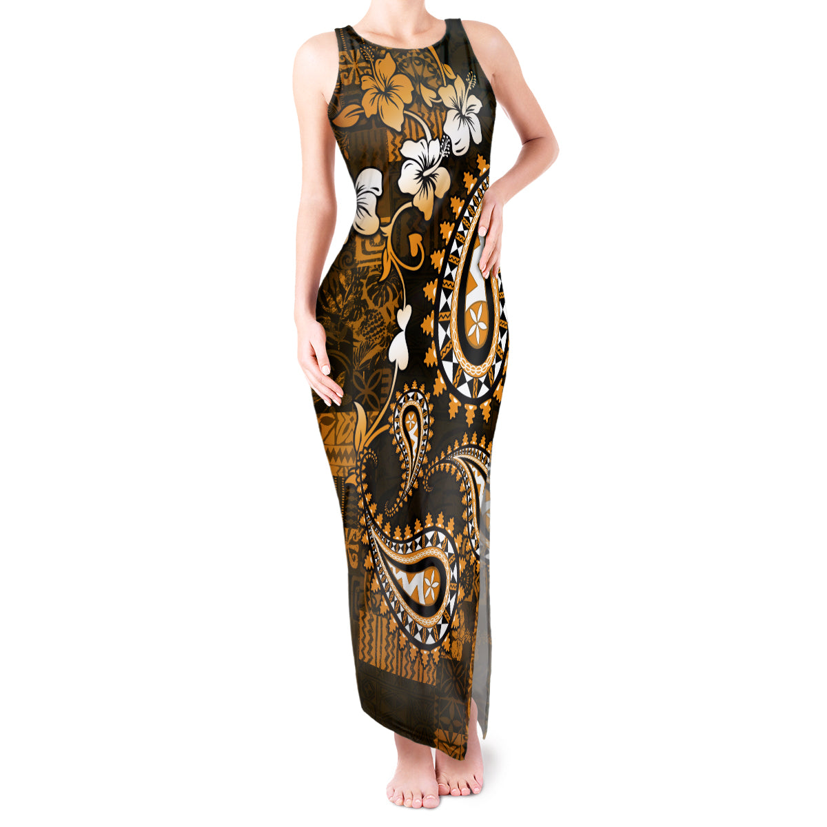 Fiji Masi Paisley With Hibiscus Tapa Tank Maxi Dress Gold Version LT01 Women Gold - Polynesian Pride