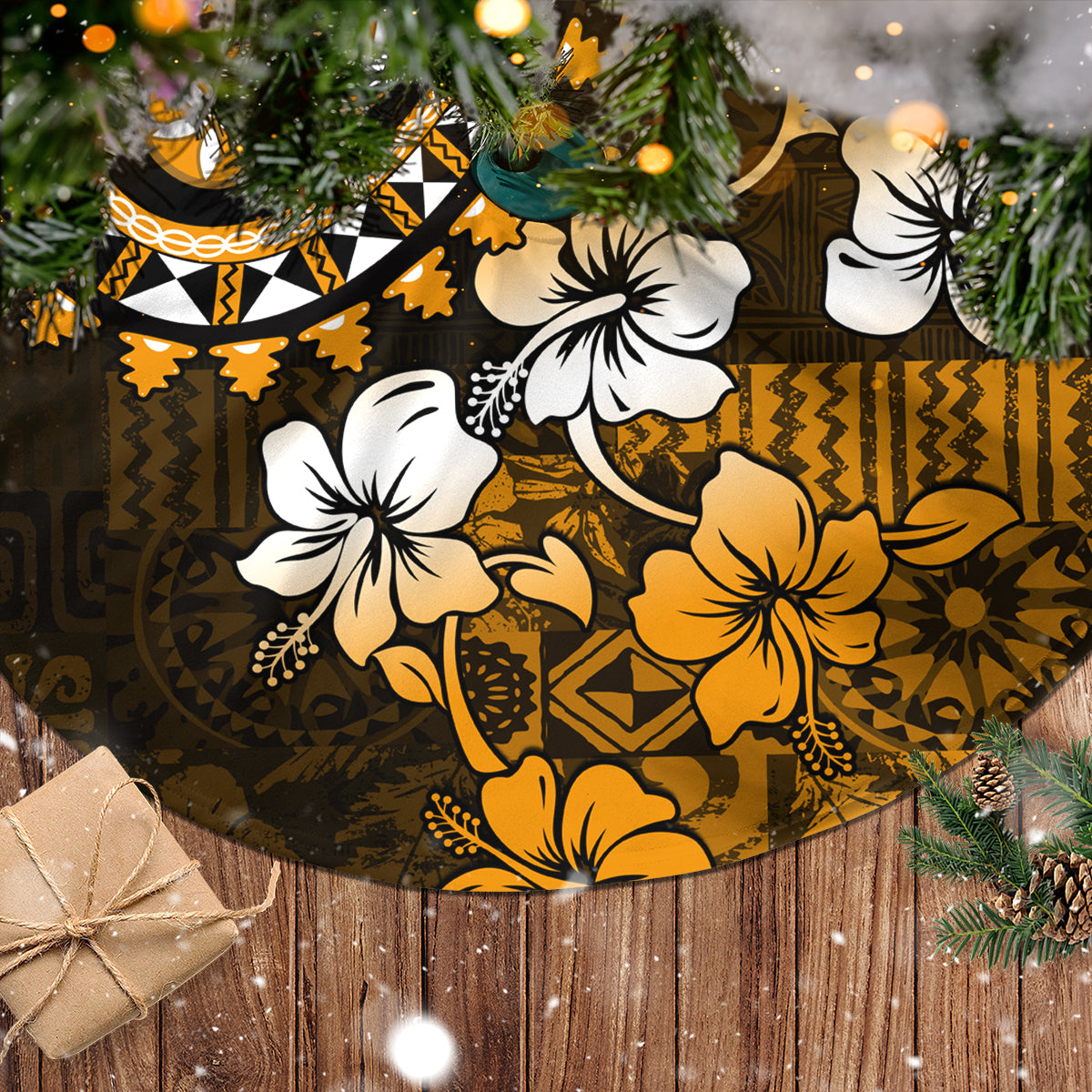 Fiji Masi Paisley With Hibiscus Tapa Tree Skirt Gold Version LT01 - Polynesian Pride