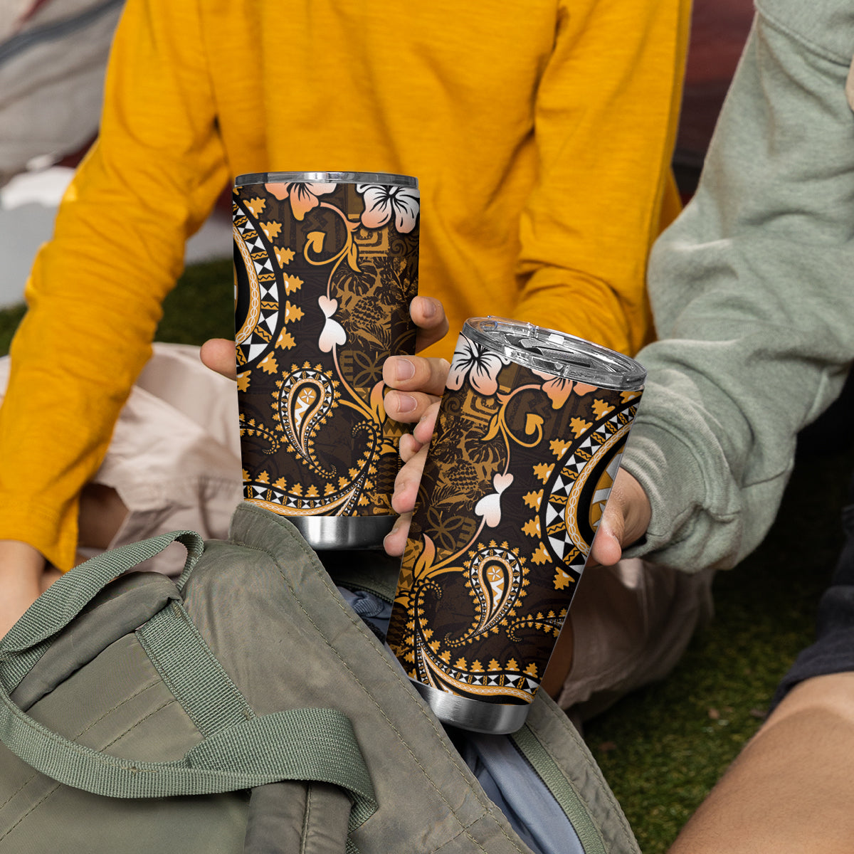 Fiji Masi Paisley With Hibiscus Tapa Tumbler Cup Gold Version