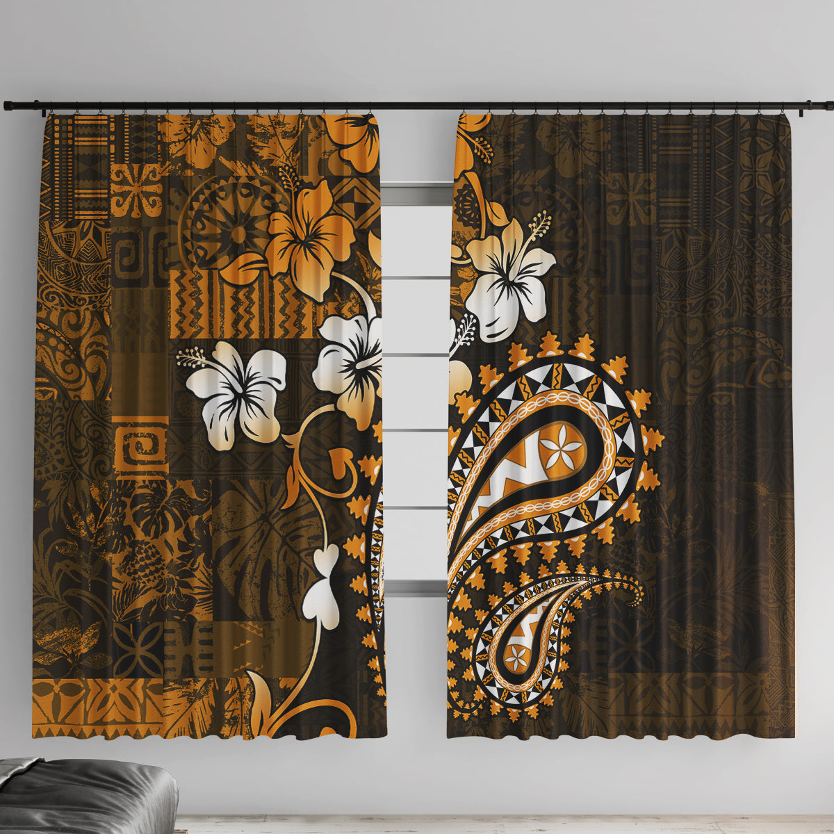 Fiji Masi Paisley With Hibiscus Tapa Window Curtain Gold Version LT01 With Hooks Gold - Polynesian Pride