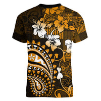 Fiji Masi Paisley With Hibiscus Tapa Women V Neck T Shirt Gold Version LT01 - Polynesian Pride