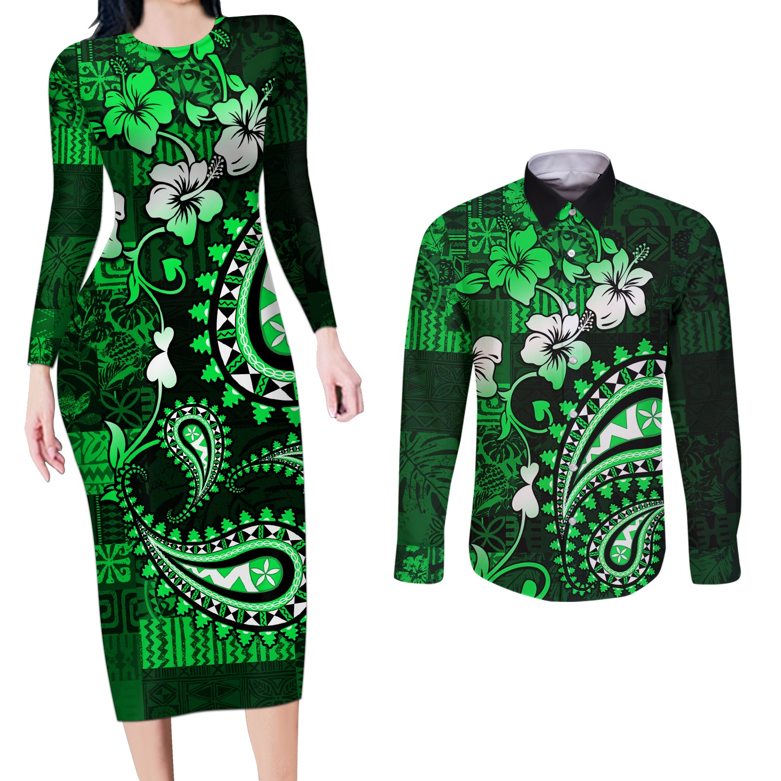 Fiji Masi Paisley With Hibiscus Tapa Couples Matching Long Sleeve Bodycon Dress and Long Sleeve Button Shirt Green Version LT01 Green - Polynesian Pride