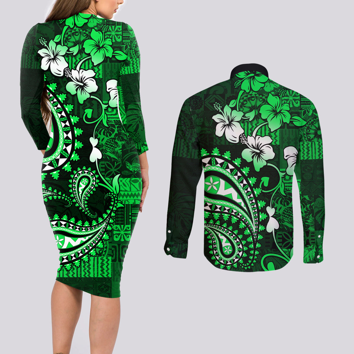 Fiji Masi Paisley With Hibiscus Tapa Couples Matching Long Sleeve Bodycon Dress and Long Sleeve Button Shirt Green Version LT01 - Polynesian Pride