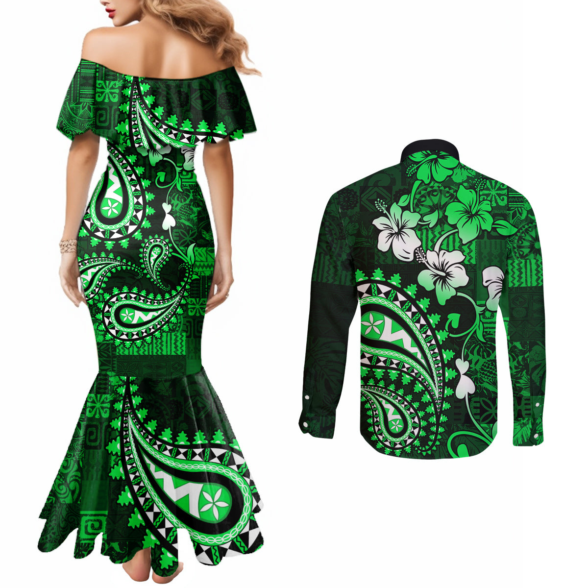 Fiji Masi Paisley With Hibiscus Tapa Couples Matching Mermaid Dress and Long Sleeve Button Shirt Green Version LT01 - Polynesian Pride