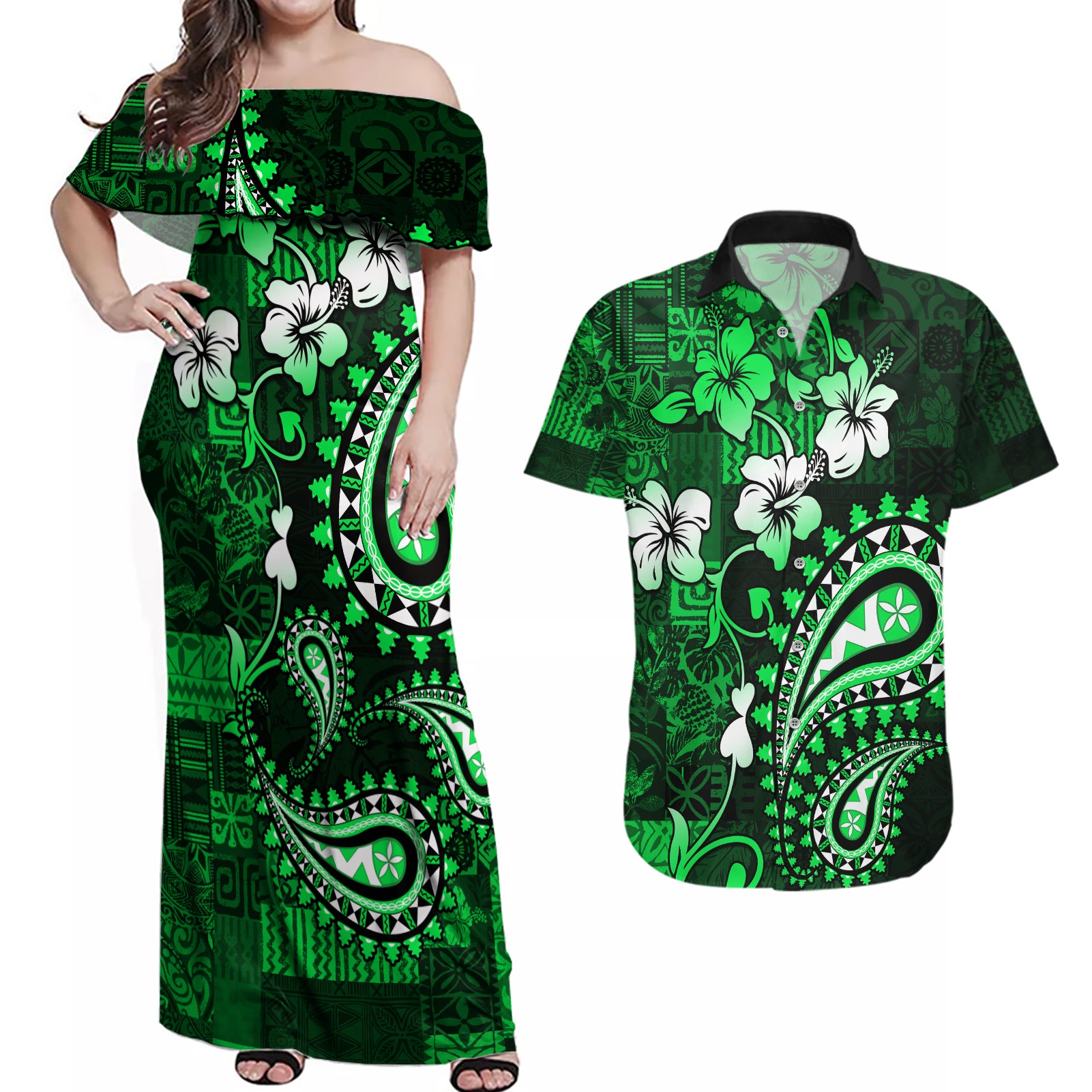 Fiji Masi Paisley With Hibiscus Tapa Couples Matching Off Shoulder Maxi Dress and Hawaiian Shirt Green Version LT01 Green - Polynesian Pride