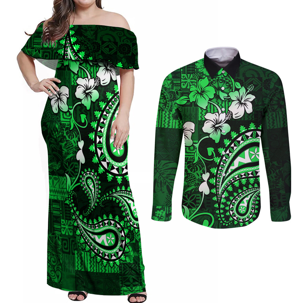 Fiji Masi Paisley With Hibiscus Tapa Couples Matching Off Shoulder Maxi Dress and Long Sleeve Button Shirt Green Version LT01 Green - Polynesian Pride