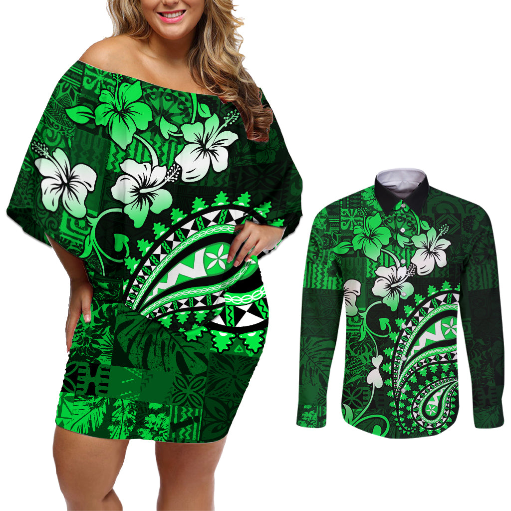 Fiji Masi Paisley With Hibiscus Tapa Couples Matching Off Shoulder Short Dress and Long Sleeve Button Shirt Green Version LT01 Green - Polynesian Pride