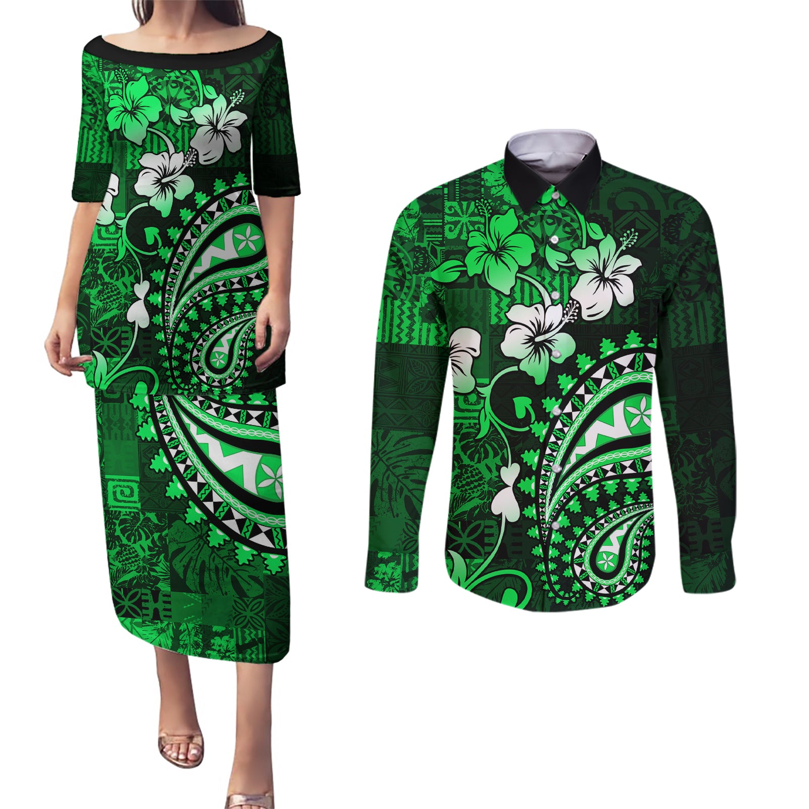 Fiji Masi Paisley With Hibiscus Tapa Couples Matching Puletasi Dress and Long Sleeve Button Shirt Green Version LT01 Green - Polynesian Pride