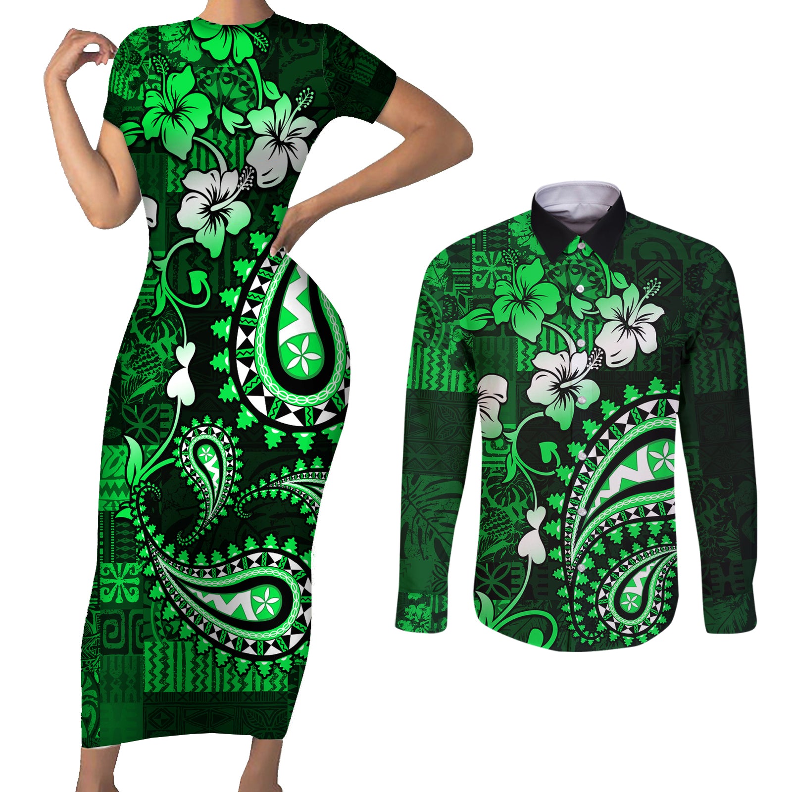 Fiji Masi Paisley With Hibiscus Tapa Couples Matching Short Sleeve Bodycon Dress and Long Sleeve Button Shirt Green Version LT01 Green - Polynesian Pride