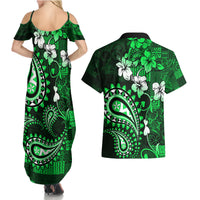 Fiji Masi Paisley With Hibiscus Tapa Couples Matching Summer Maxi Dress and Hawaiian Shirt Green Version LT01 - Polynesian Pride