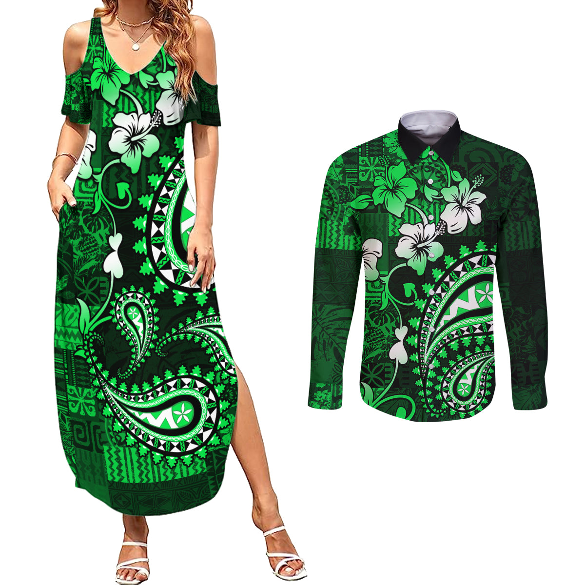 Fiji Masi Paisley With Hibiscus Tapa Couples Matching Summer Maxi Dress and Long Sleeve Button Shirt Green Version LT01 Green - Polynesian Pride