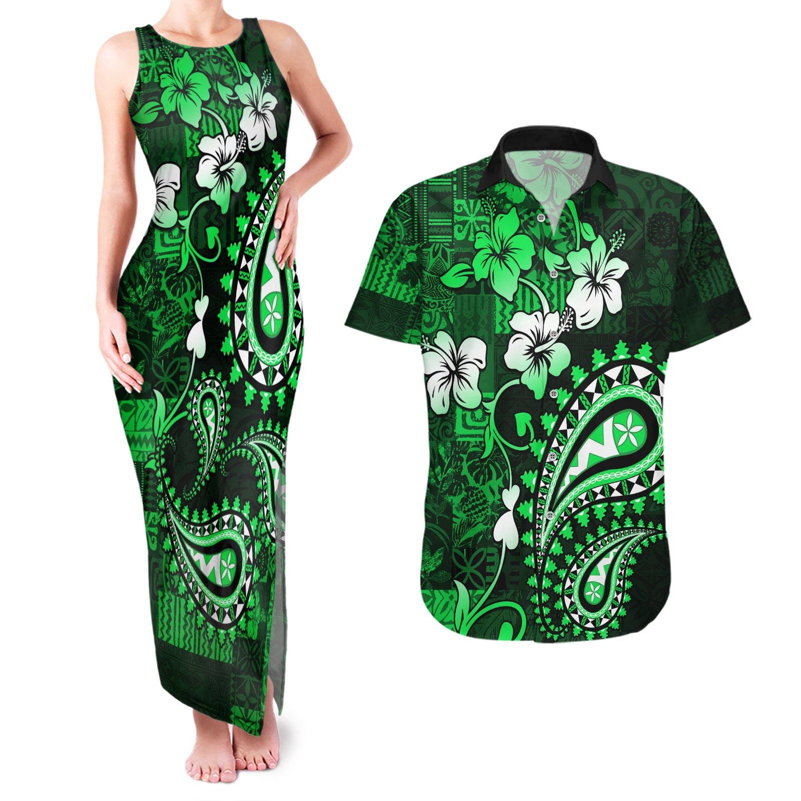 Fiji Masi Paisley With Hibiscus Tapa Couples Matching Tank Maxi Dress and Hawaiian Shirt Green Version LT01 Green - Polynesian Pride