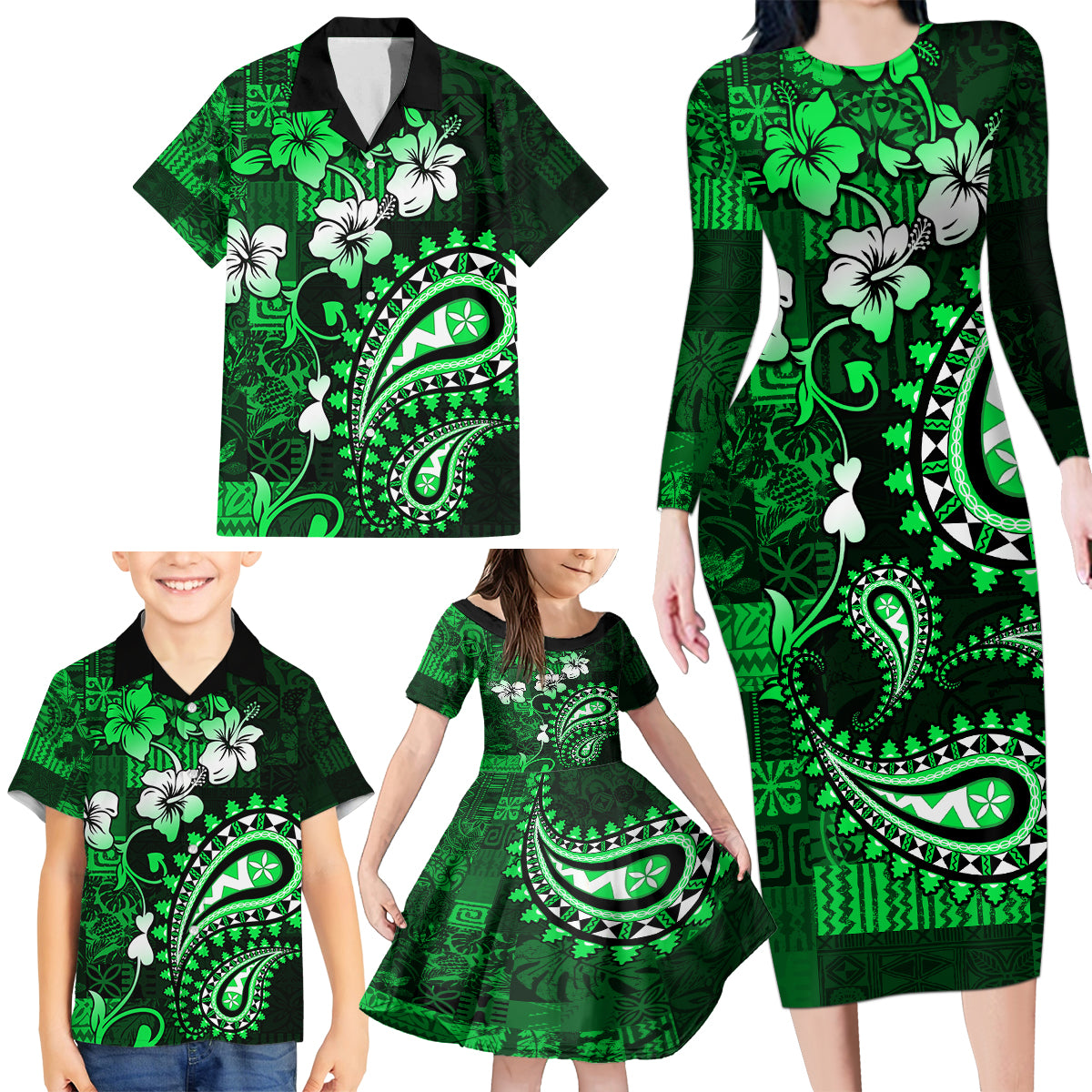 Fiji Masi Paisley With Hibiscus Tapa Family Matching Long Sleeve Bodycon Dress and Hawaiian Shirt Green Version LT01 - Polynesian Pride