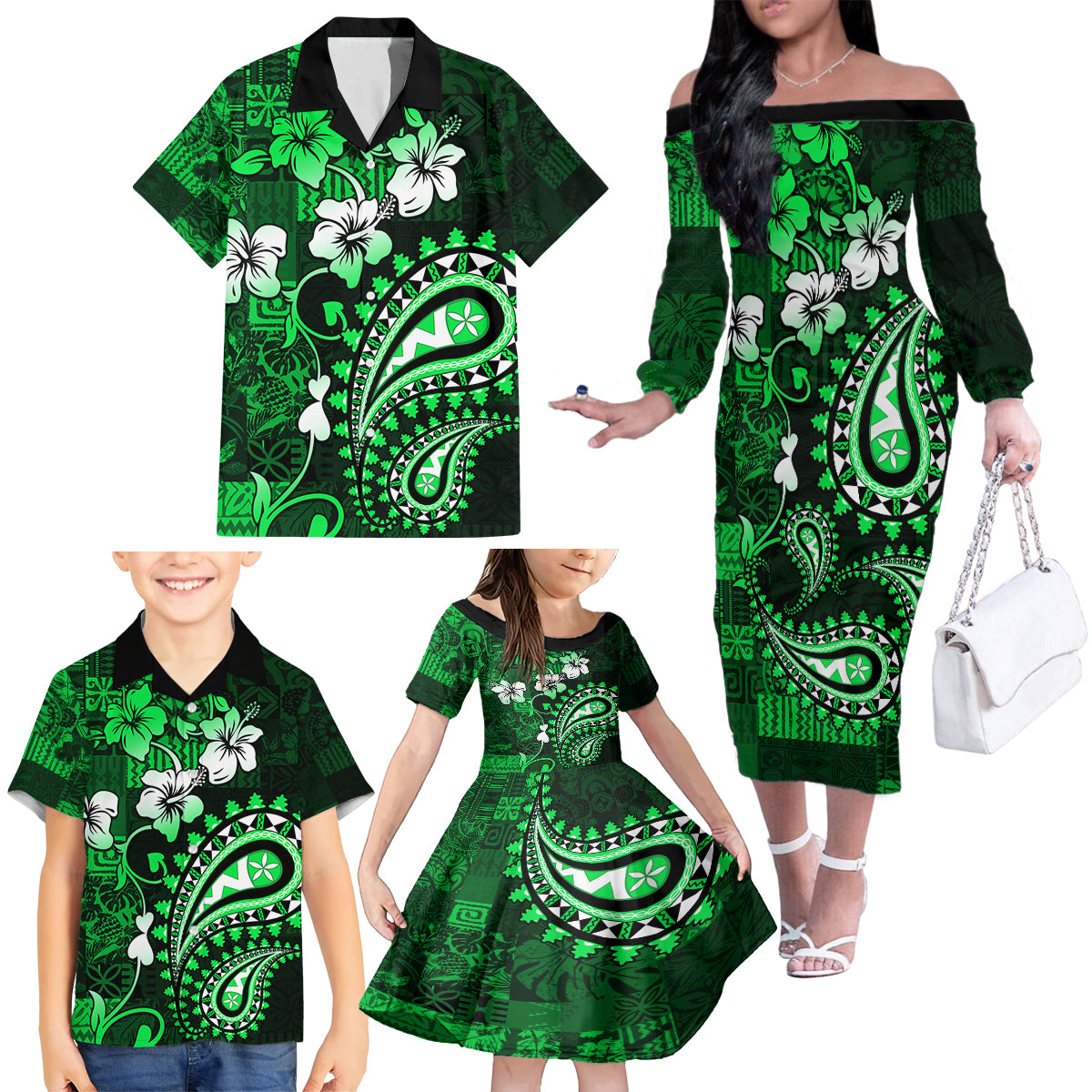 Fiji Masi Paisley With Hibiscus Tapa Family Matching Off Shoulder Long Sleeve Dress and Hawaiian Shirt Green Version LT01 - Polynesian Pride