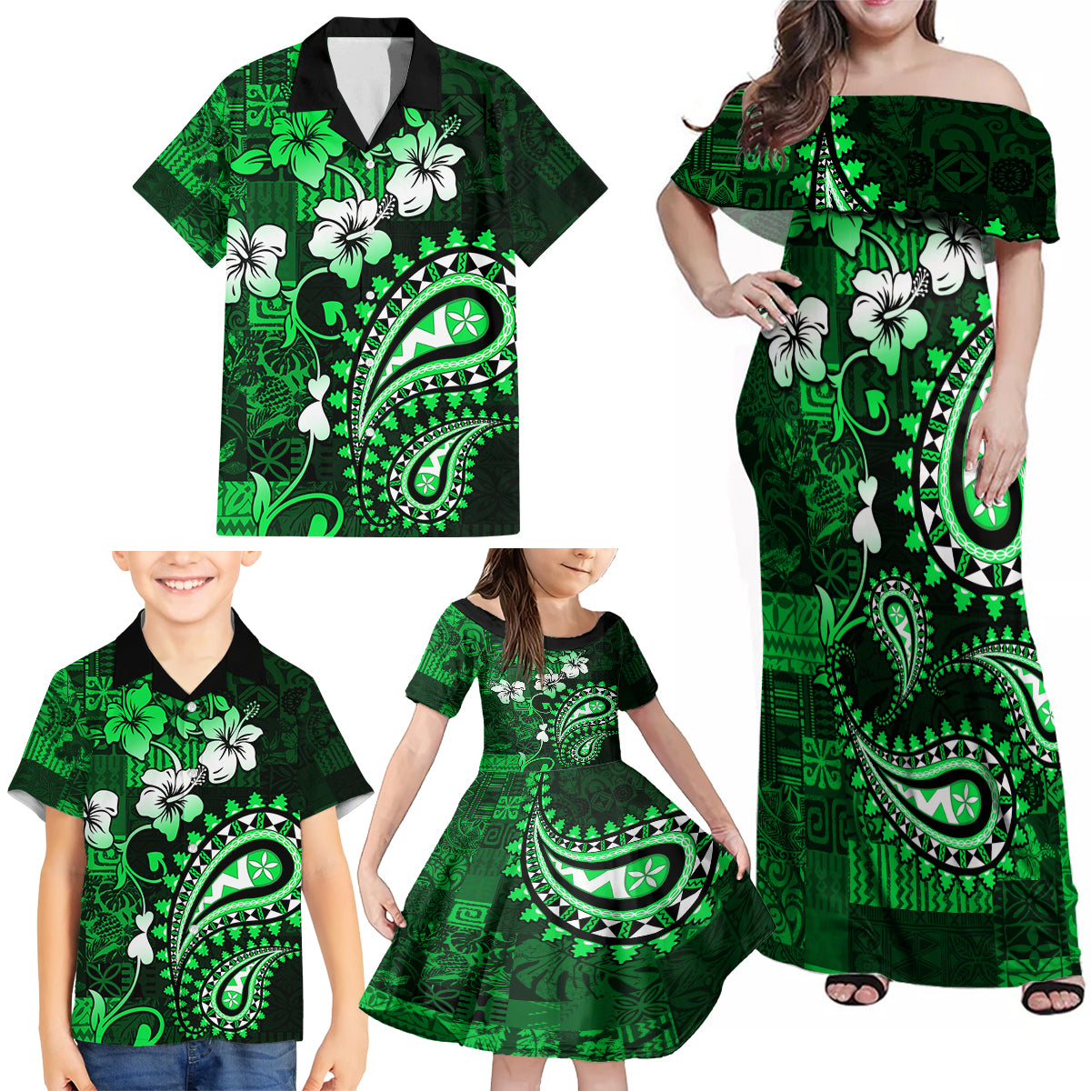 Fiji Masi Paisley With Hibiscus Tapa Family Matching Off Shoulder Maxi Dress and Hawaiian Shirt Green Version LT01 - Polynesian Pride