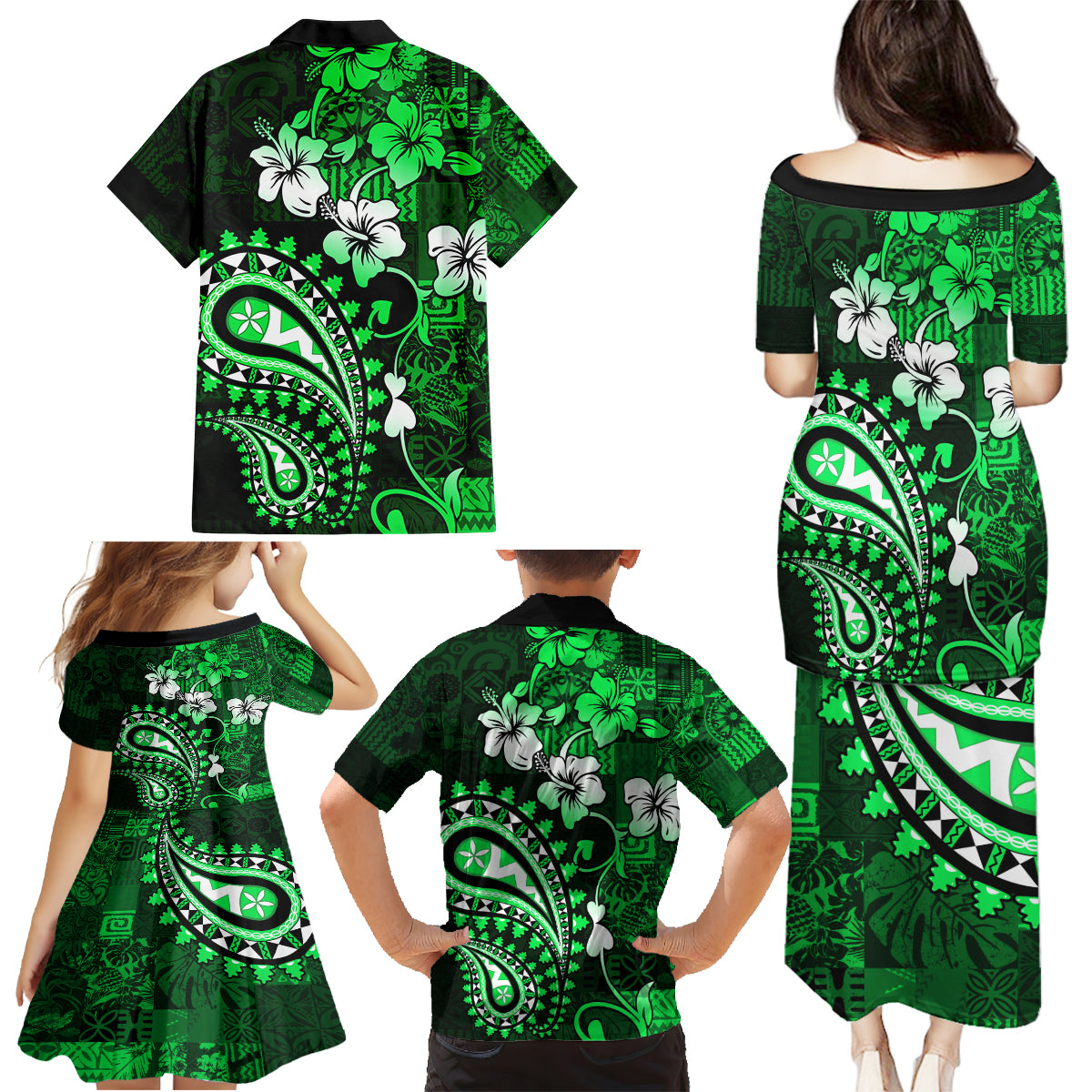 Fiji Masi Paisley With Hibiscus Tapa Family Matching Puletasi Dress and Hawaiian Shirt Green Version LT01 - Polynesian Pride
