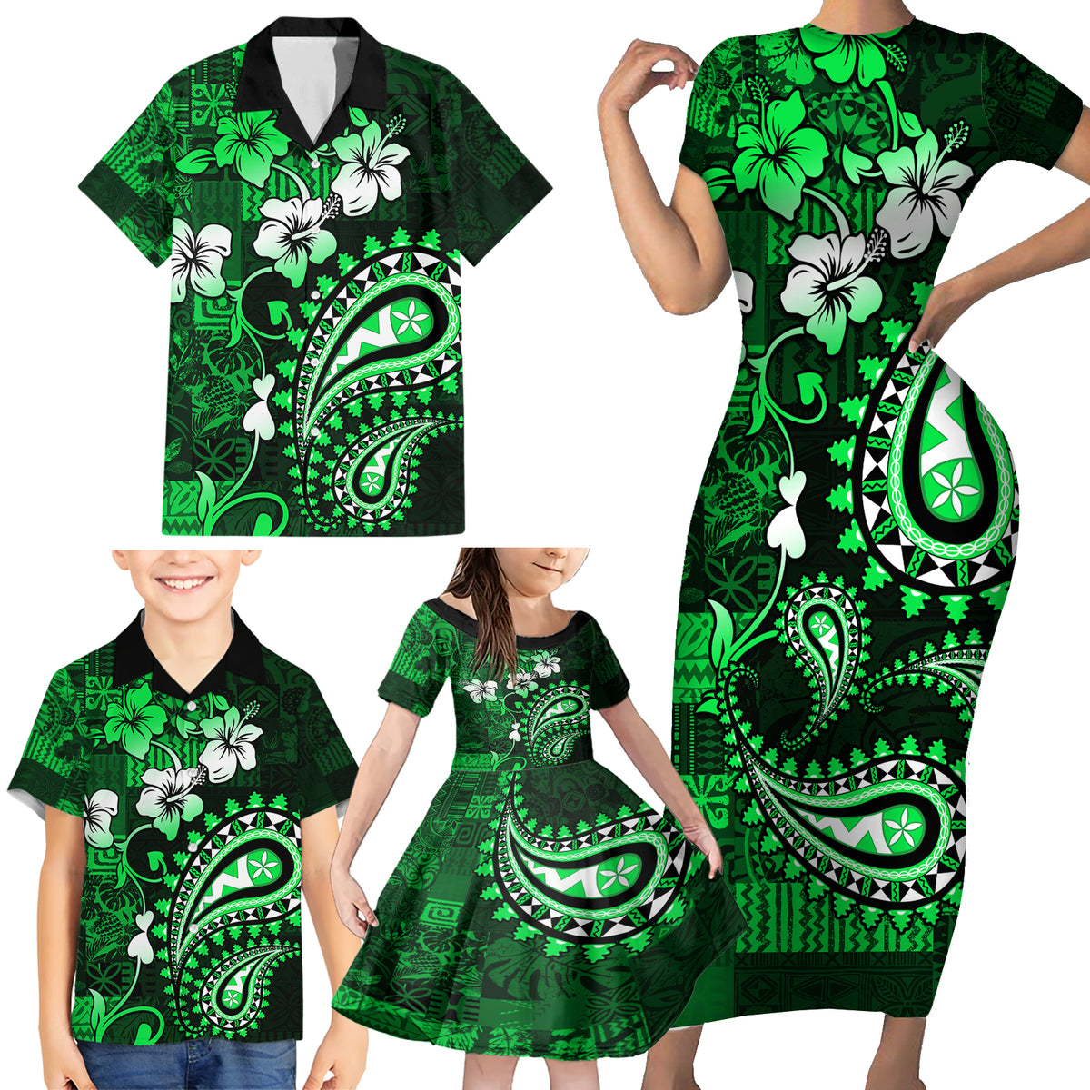 Fiji Masi Paisley With Hibiscus Tapa Family Matching Short Sleeve Bodycon Dress and Hawaiian Shirt Green Version LT01 - Polynesian Pride