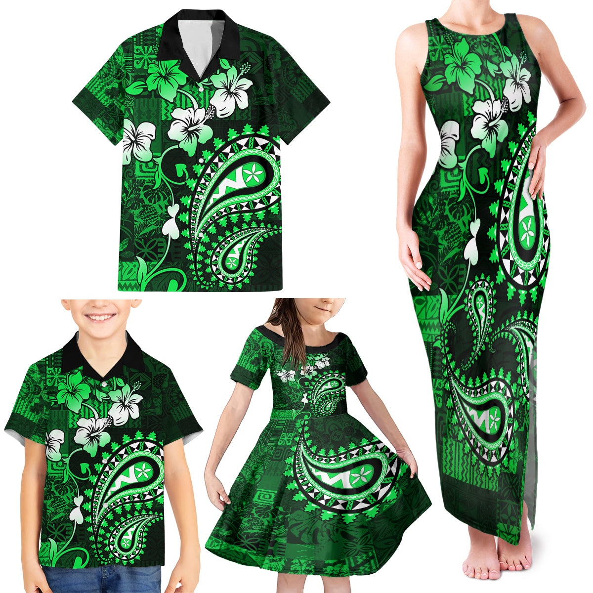 Fiji Masi Paisley With Hibiscus Tapa Family Matching Tank Maxi Dress and Hawaiian Shirt Green Version LT01 - Polynesian Pride