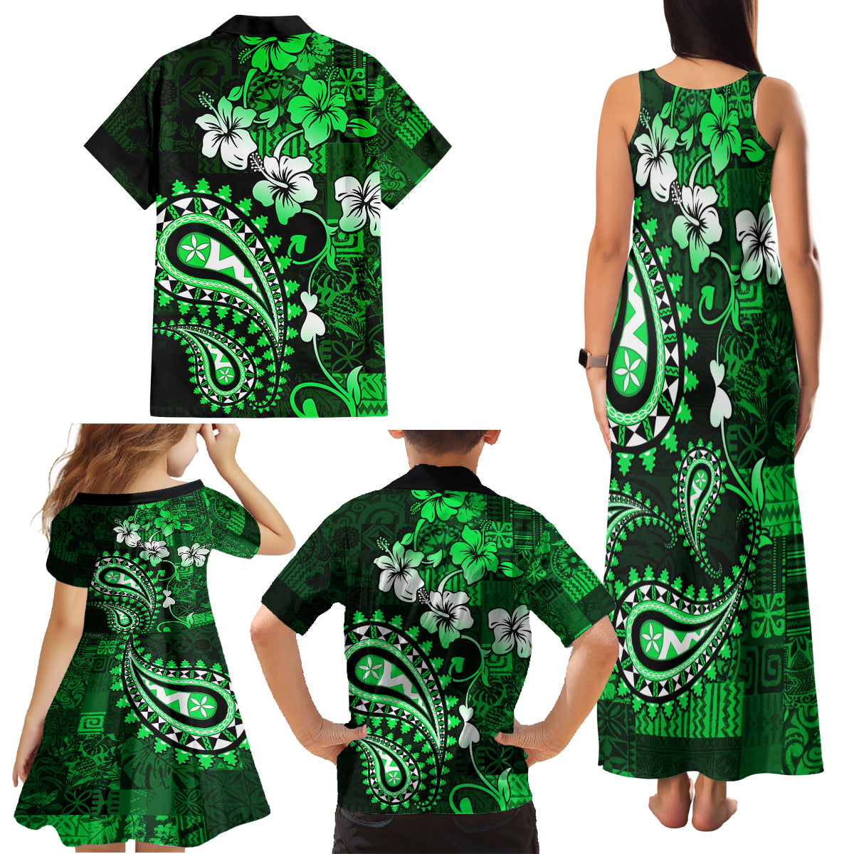 Fiji Masi Paisley With Hibiscus Tapa Family Matching Tank Maxi Dress and Hawaiian Shirt Green Version LT01 - Polynesian Pride