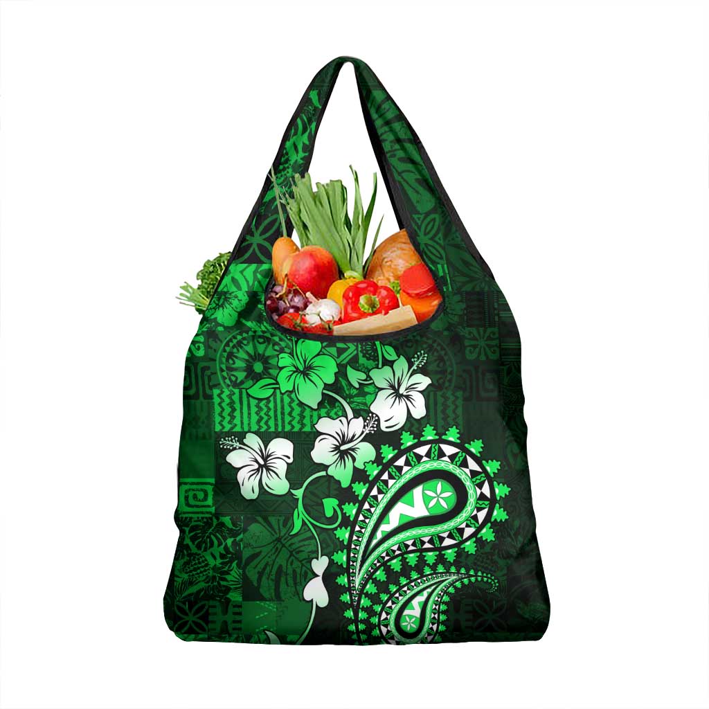 Fiji Masi Paisley With Hibiscus Tapa Grocery Bag Green Version