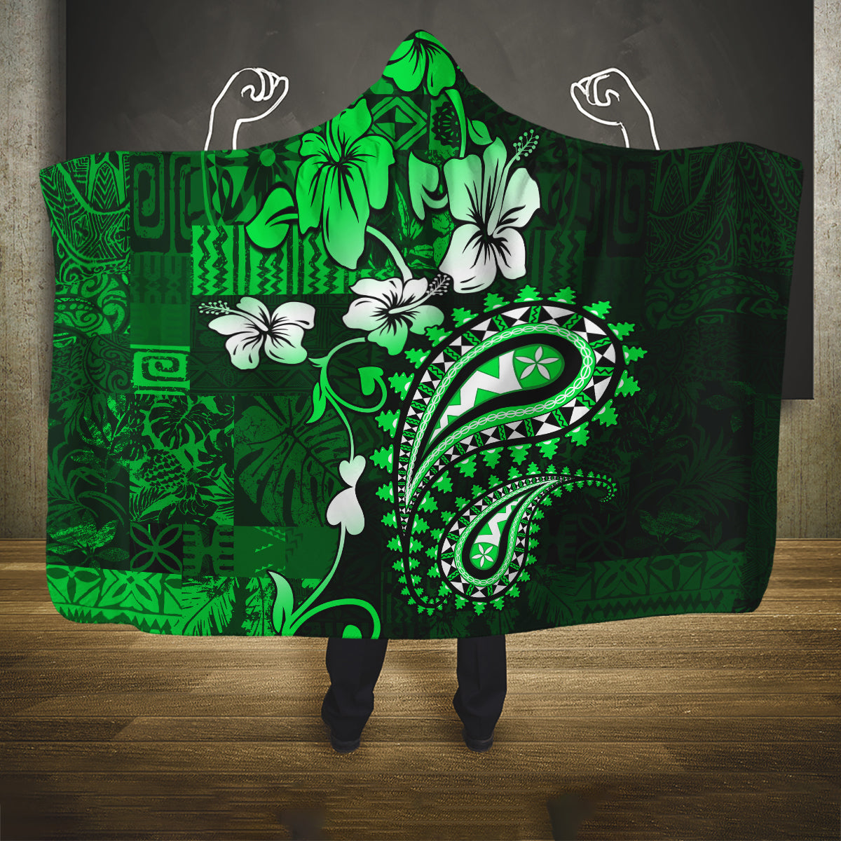 Fiji Masi Paisley With Hibiscus Tapa Hooded Blanket Green Version LT01 One Size Green - Polynesian Pride