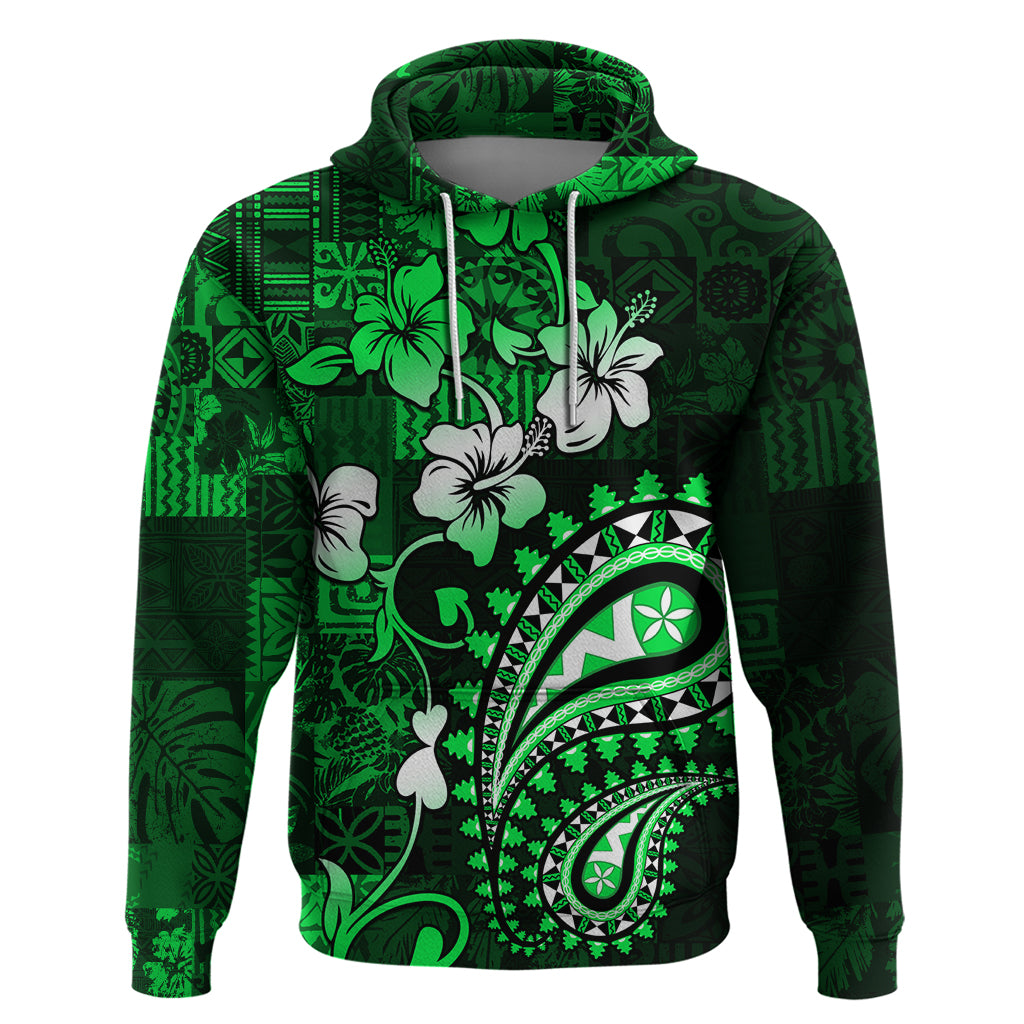 Fiji Masi Paisley With Hibiscus Tapa Hoodie Green Version LT01 Pullover Hoodie Green - Polynesian Pride