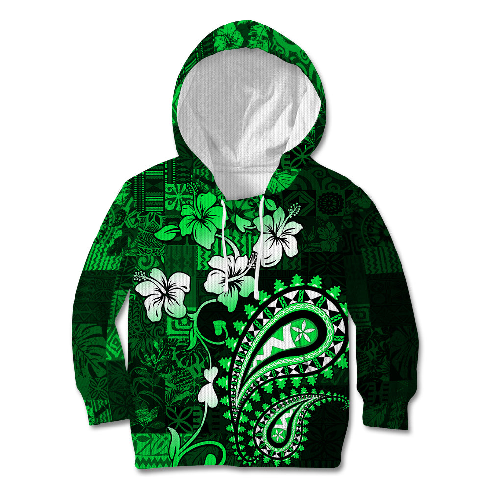 Fiji Masi Paisley With Hibiscus Tapa Kid Hoodie Green Version LT01 Green - Polynesian Pride