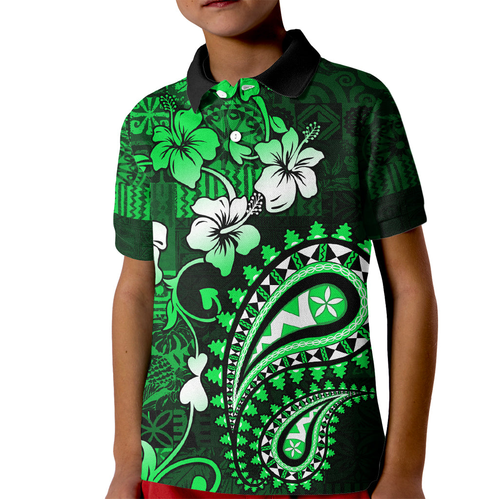 Fiji Masi Paisley With Hibiscus Tapa Kid Polo Shirt Green Version LT01 Kid Green - Polynesian Pride