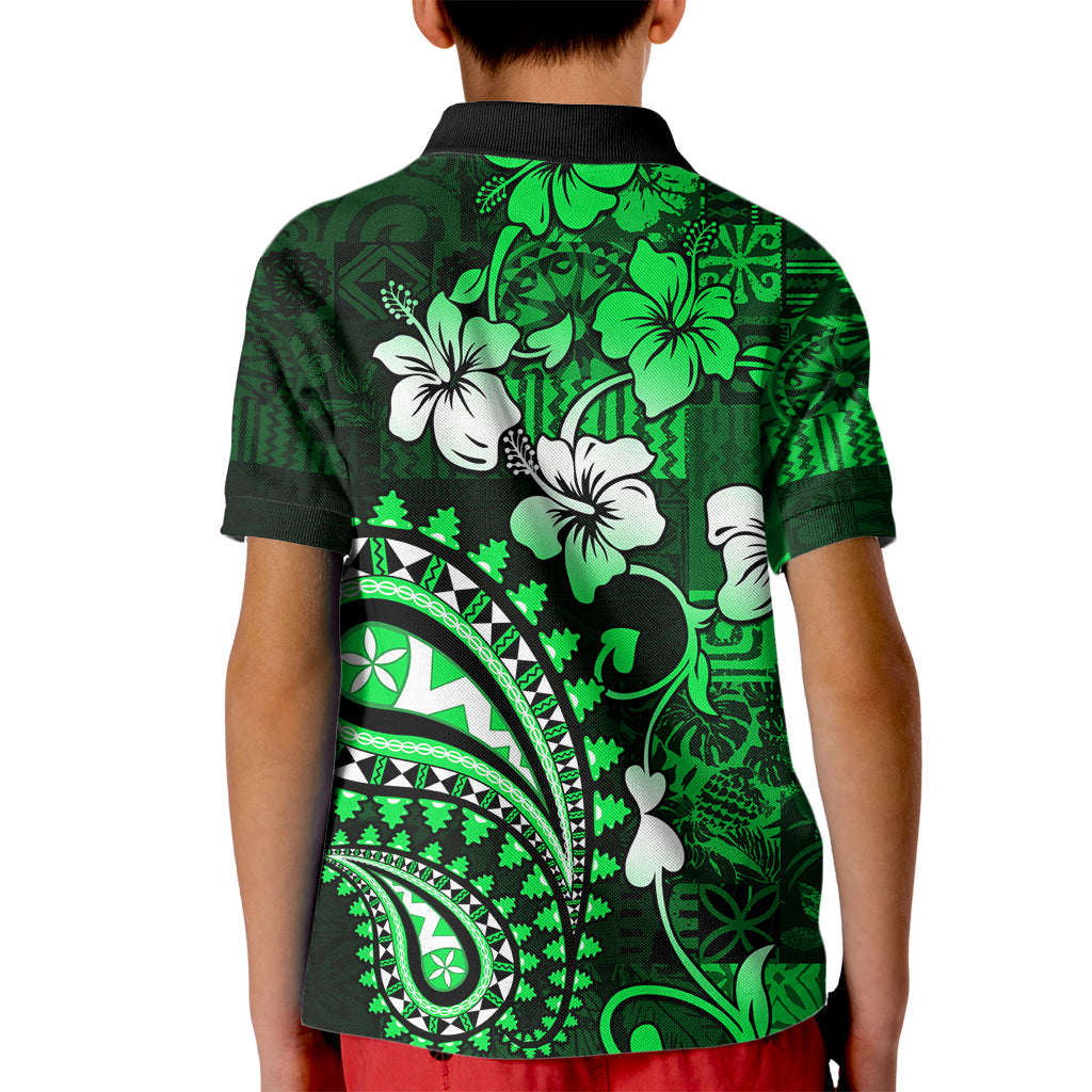 Fiji Masi Paisley With Hibiscus Tapa Kid Polo Shirt Green Version LT01 - Polynesian Pride