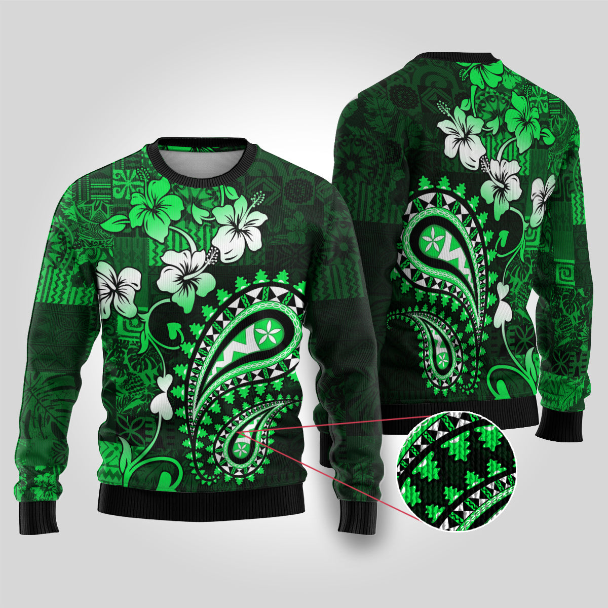 Fiji Masi Paisley With Hibiscus Tapa Ugly Christmas Sweater Green Version LT01 Green - Polynesian Pride