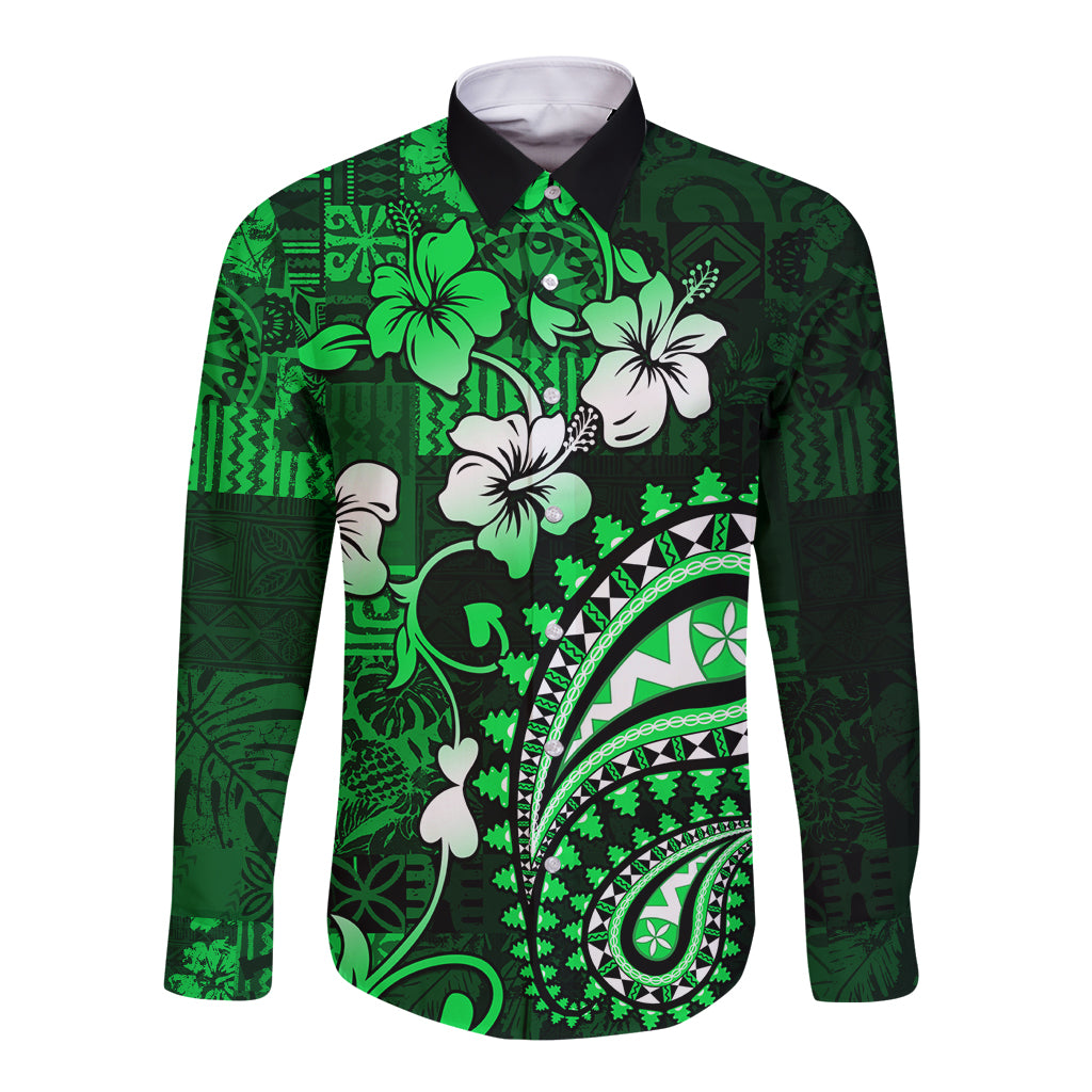 Fiji Masi Paisley With Hibiscus Tapa Long Sleeve Button Shirt Green Version LT01 Unisex Green - Polynesian Pride