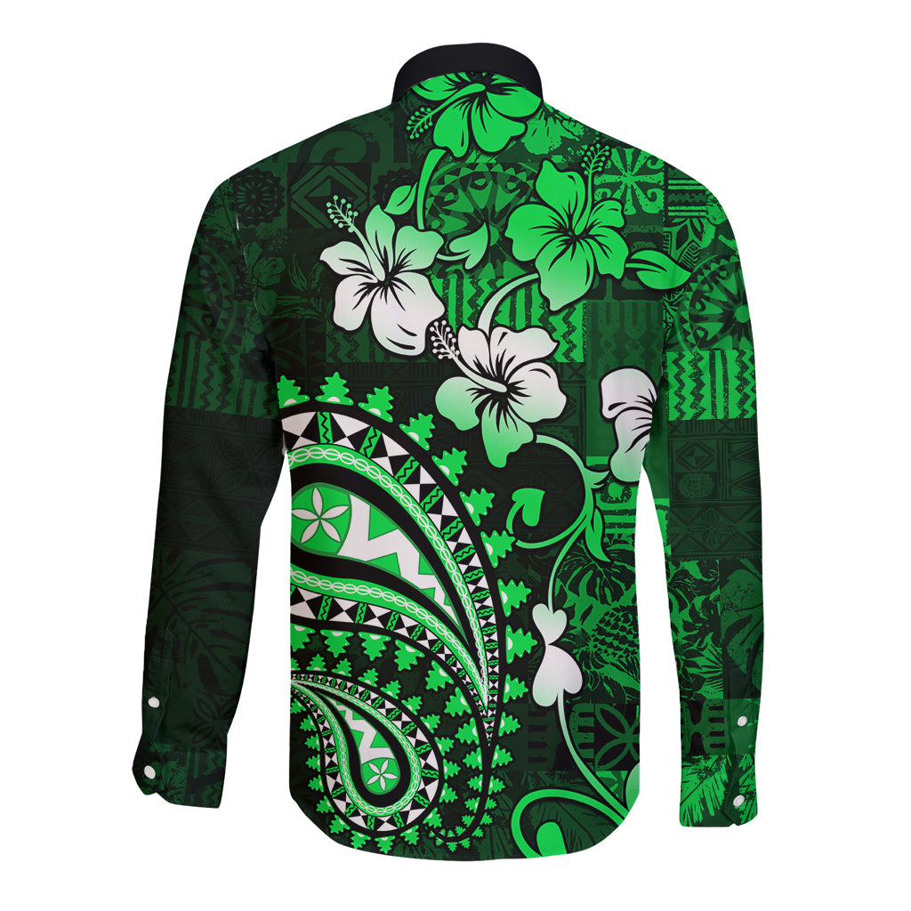 Fiji Masi Paisley With Hibiscus Tapa Long Sleeve Button Shirt Green Version LT01 - Polynesian Pride