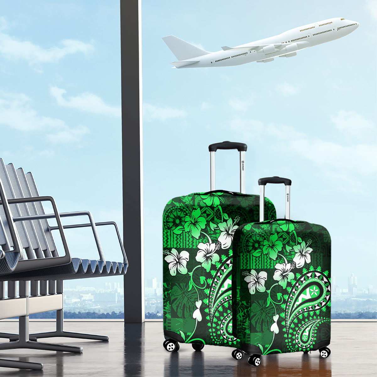 Fiji Masi Paisley With Hibiscus Tapa Luggage Cover Green Version LT01 - Polynesian Pride